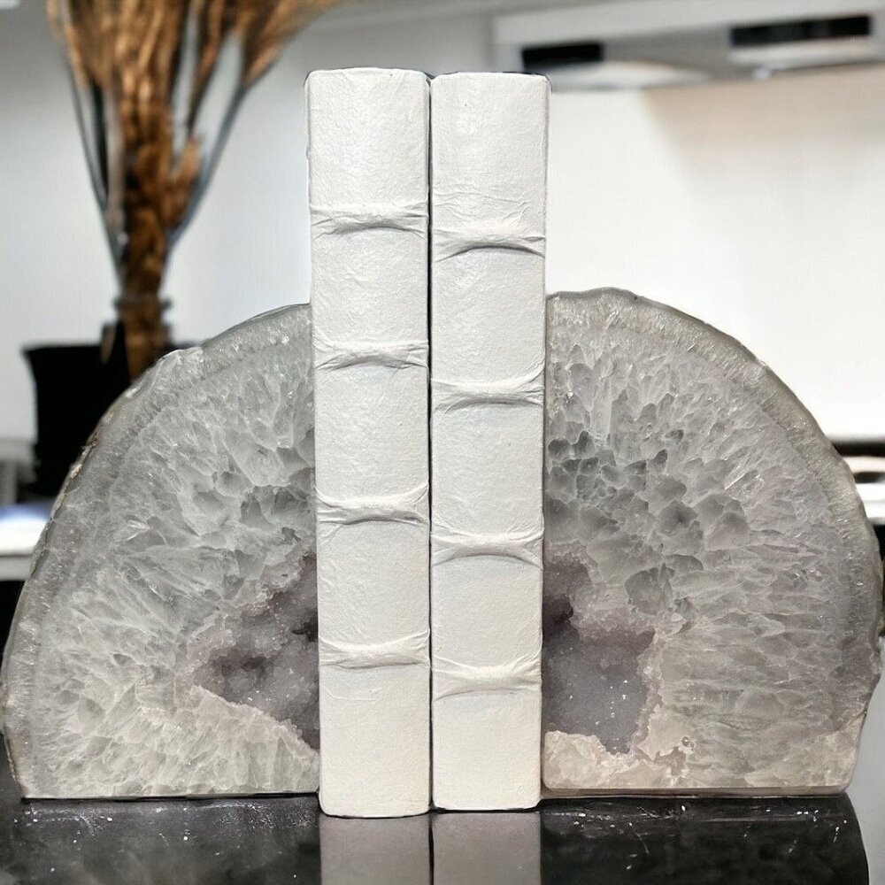 Agate Bookends, Druzy Purple Geode Center, Violet, White Layers, Gray Tones (DC)